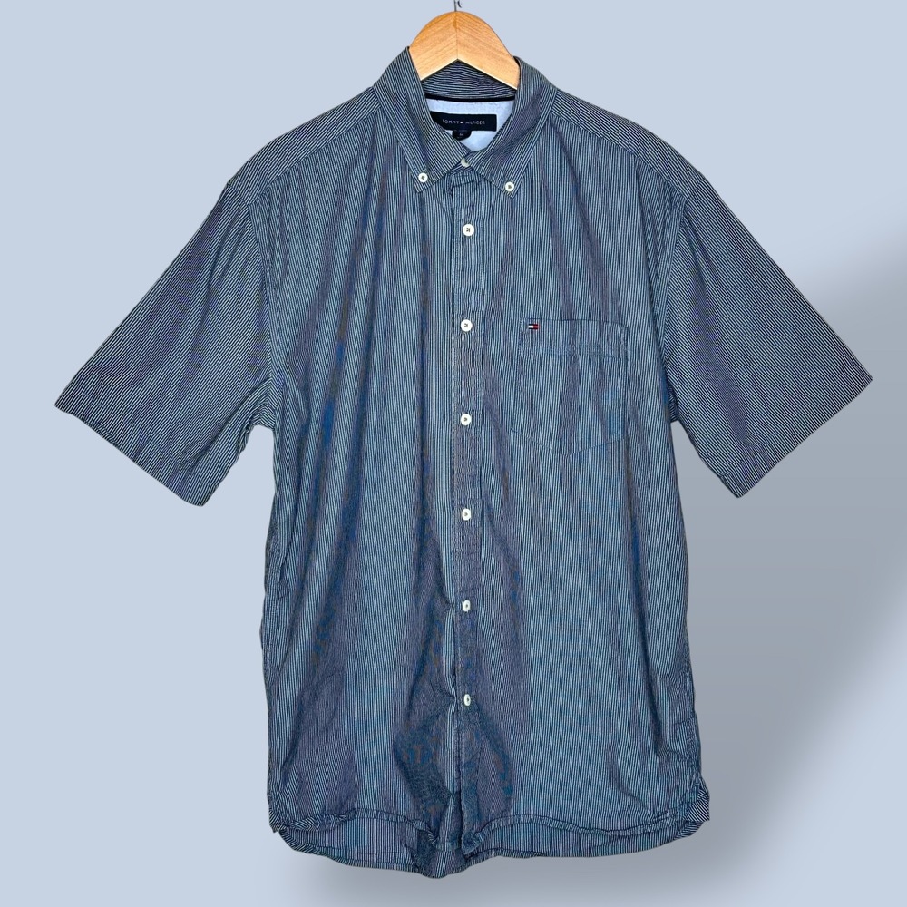 Tommy Hilfiger Mens Striped Short Sleeve Button Down Camp Shirt Blue Size Medium